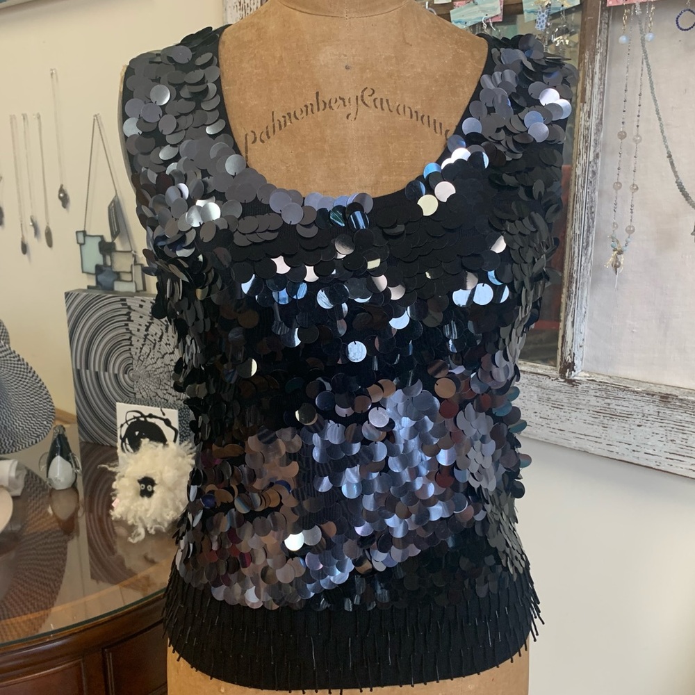 Joseph A. Qu'est Silk Black Shimmer Sleeveless Sweater with Medallions Size L